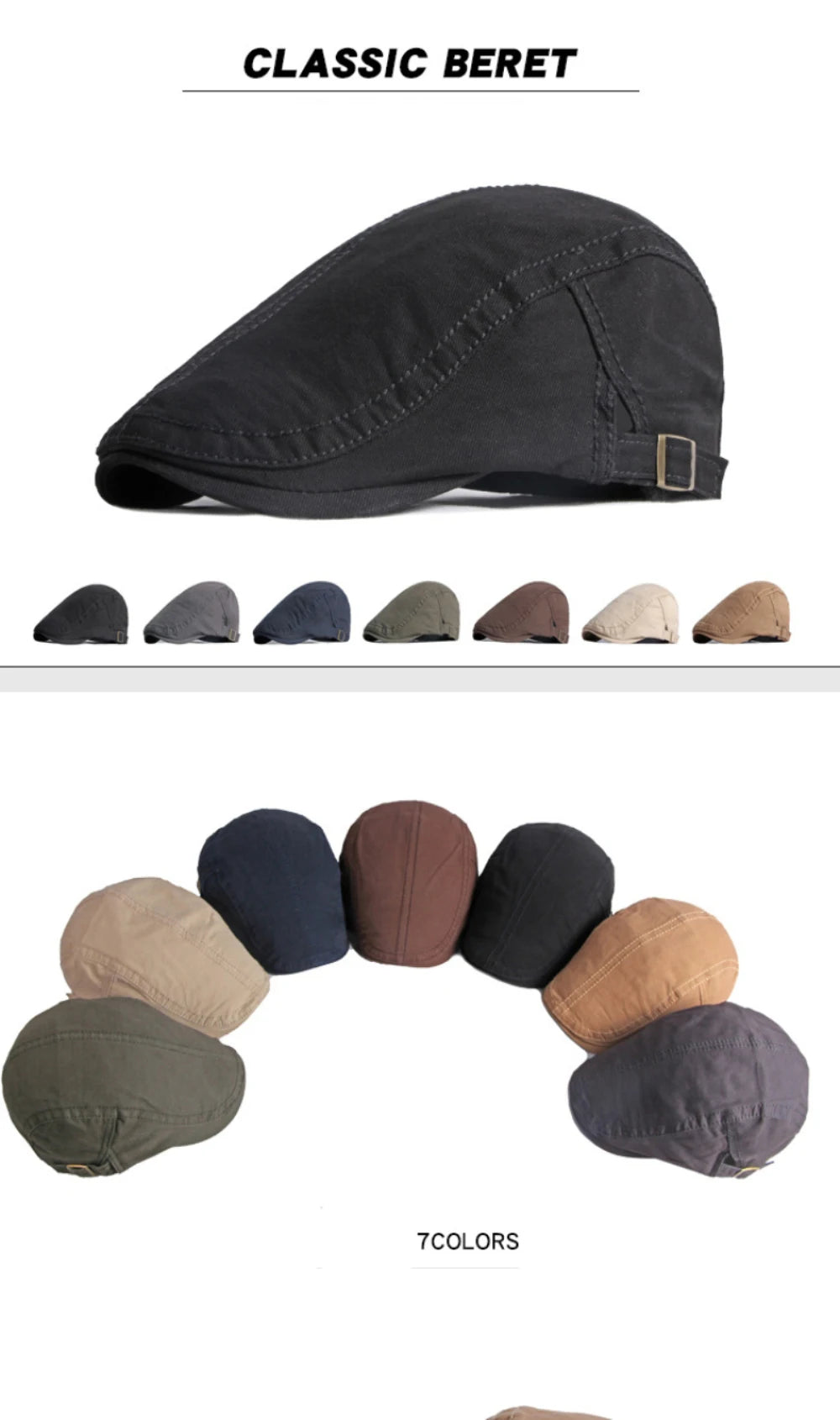 Unisex cotton flat cap in seven neutral colours, featuring a classic stitched design and an adjustable side buckle.