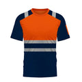 Men's hi-vis work T-shirt in orange and navy blue, featuring reflective strips on shoulders and chest.