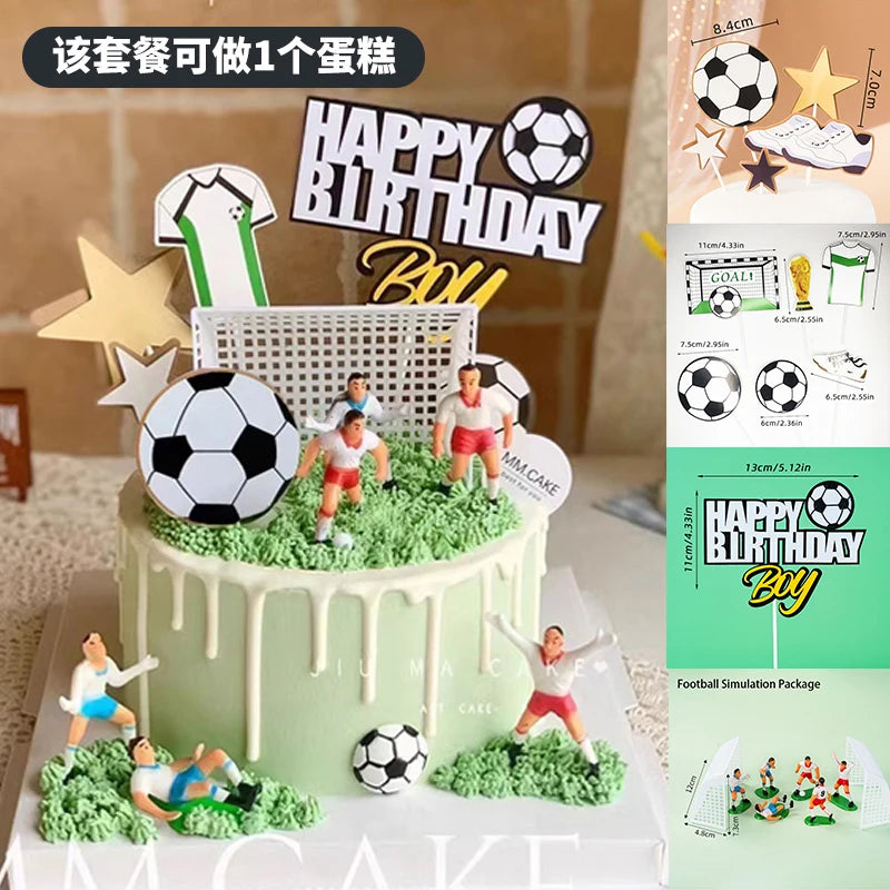 Football-themed birthday cake topper set featuring players, goals, stars, and "Happy Birthday" sign on a decorated cake.