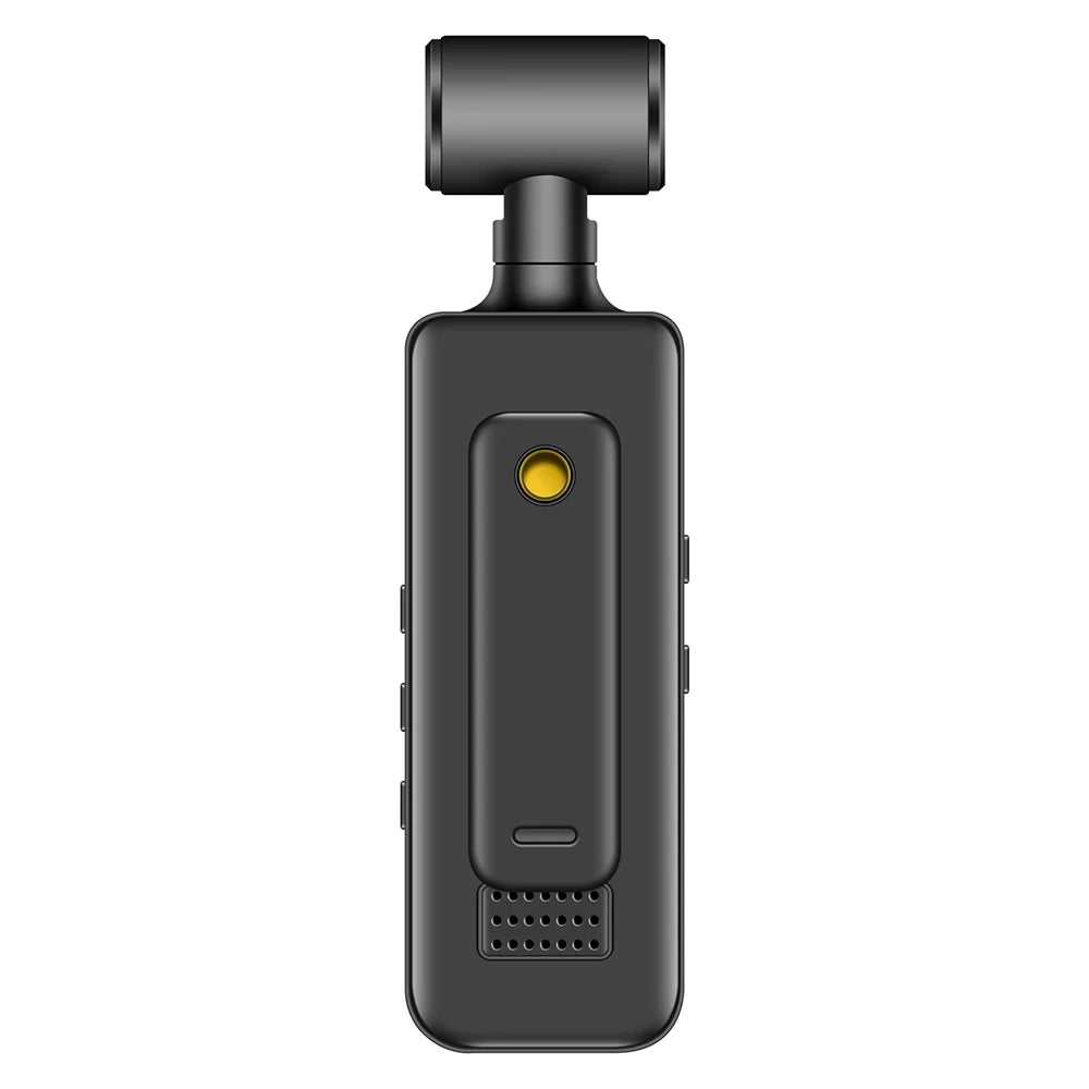 Black plastic handheld gimbal camera with a vertical body, rotatable top lens, yellow button, and bottom speaker grille.