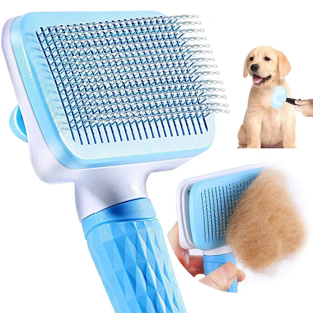 Blue self-cleaning pet grooming brush with fine metal bristles and a textured handle, shown with fur being removed.