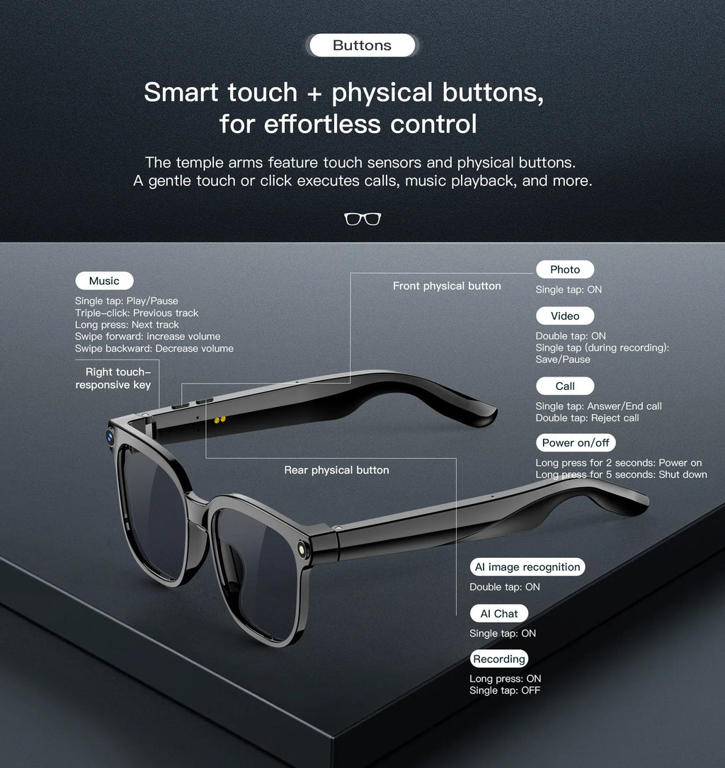 Black smart glasses featuring a 4K camera and touch-sensitive arms with physical buttons for easy control.