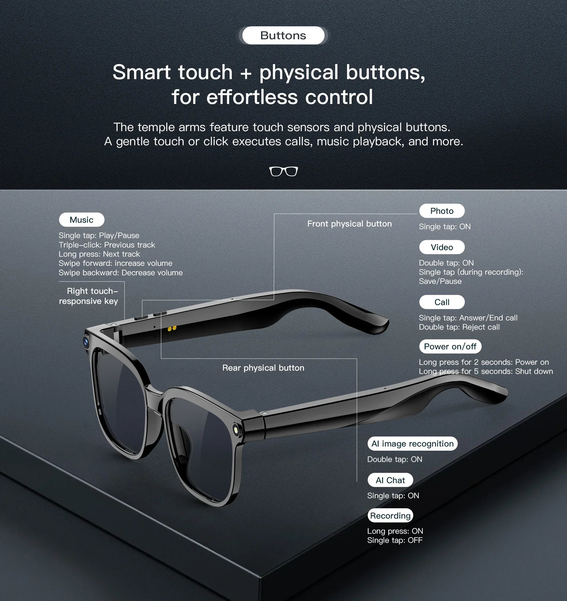 Black smart glasses featuring a 4K camera and touch-sensitive arms with physical buttons for easy control.