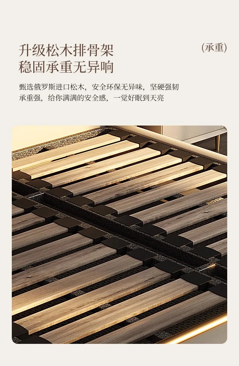 Close-up of a double bed frame featuring a sturdy, modern wooden slat base for enhanced support and durability.