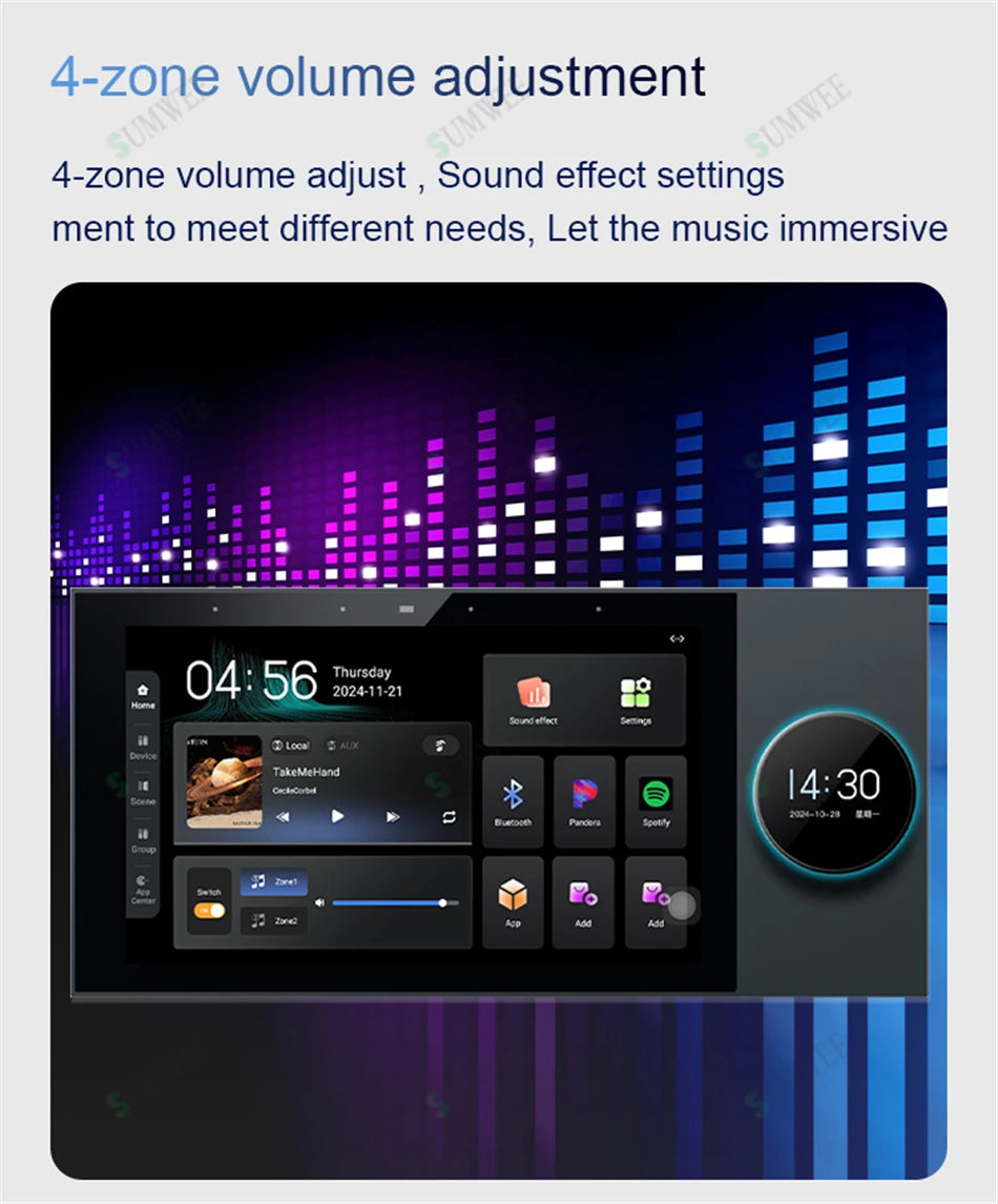 7-inch in-wall smart audio amplifier with a sleek black touchscreen interface, displaying music controls and volume zones.