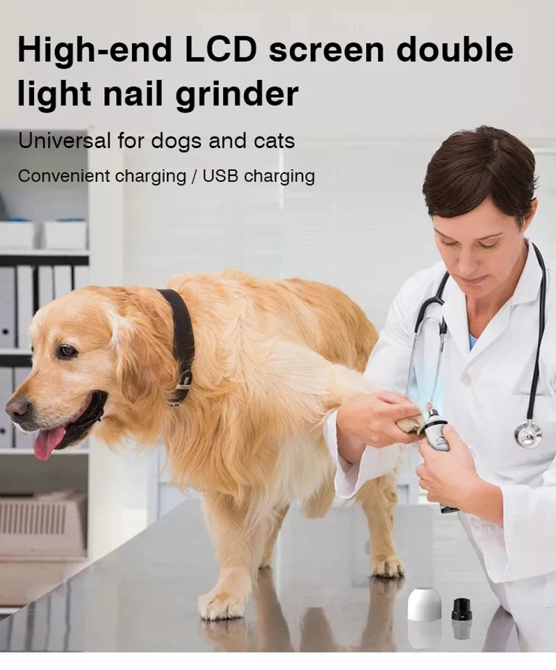 A vet trims a golden retriever’s claws using a white, rechargeable electric nail grinder with an LED light.