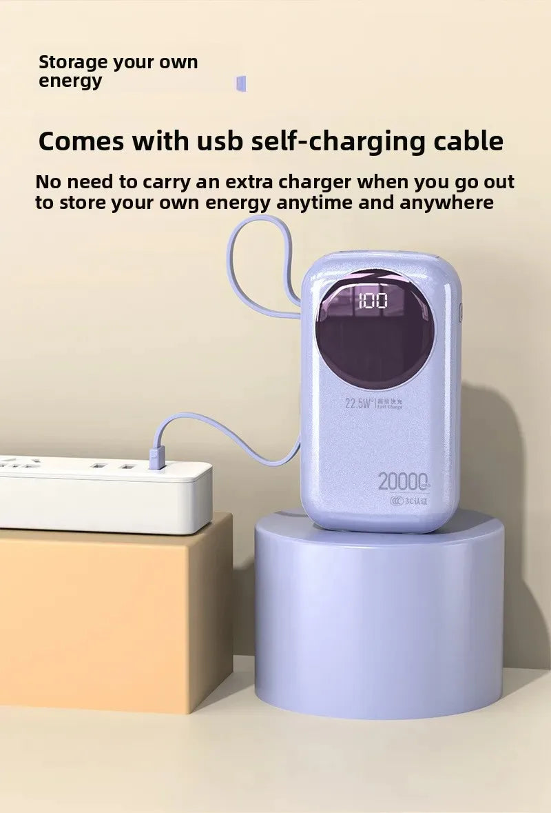 Light purple 20,000mAh power bank with integrated charging cable, digital battery display, and 22.5W fast charging.