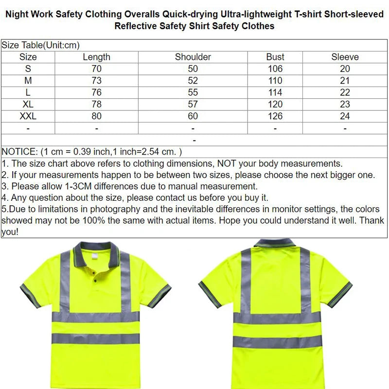 Front and back view of a high-visibility yellow polo shirt with grey reflective tape and a dark grey collar.