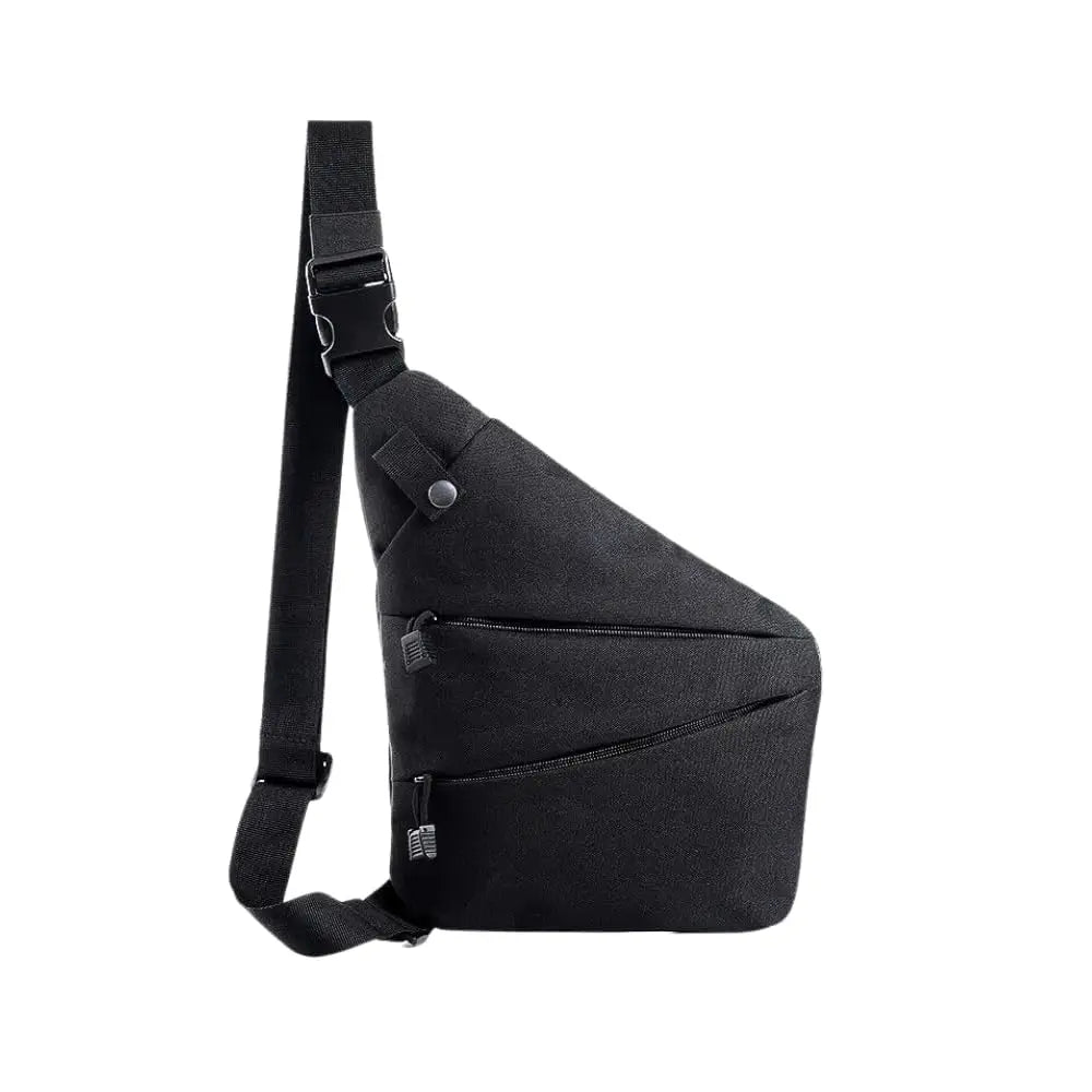 Black lightweight crossbody sling bag with adjustable strap, secure buckle, and multiple diagonal zipped pockets.