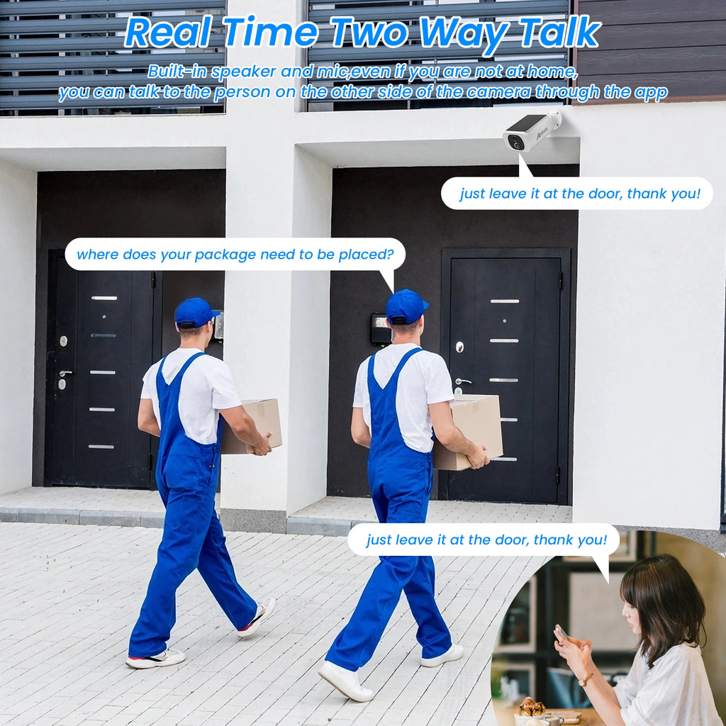 A white security camera mounted over a door communicates with a woman indoors via two-way audio.