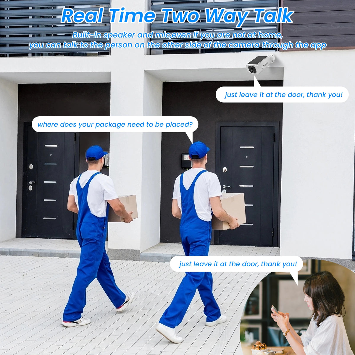 Two delivery workers walking past doors, with speech bubbles showing two-way communication via a camera.