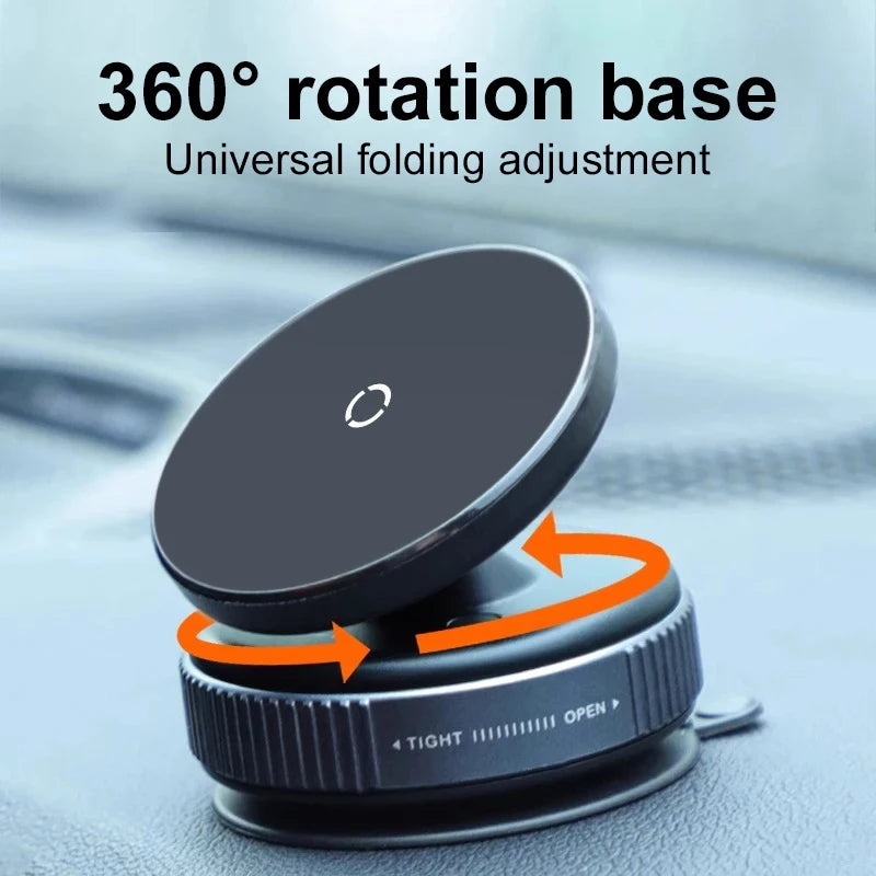 Matte black, circular magnetic car phone mount with a 360-degree rotating, foldable, adjustable base.
