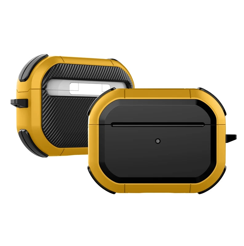 Rugged mustard yellow and black shockproof protective case for Apple AirPods Pro.