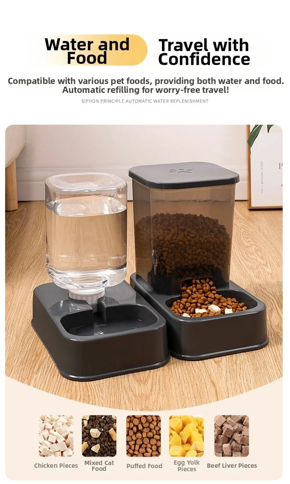Automatic grey pet water and food dispenser set with a clear water bottle and a transparent food storage hopper.