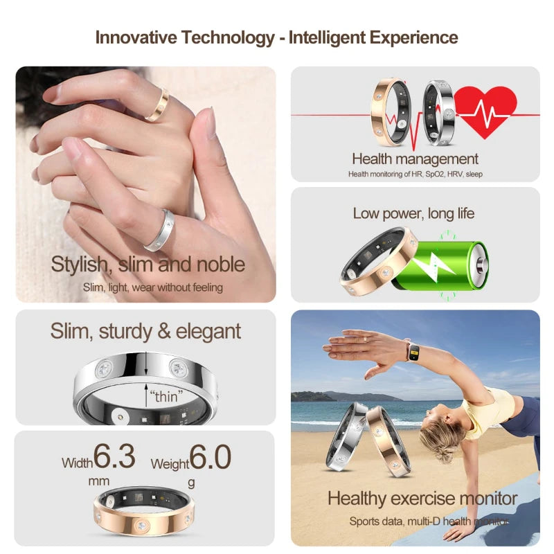 Slim, elegant smart fitness rings in silver and gold, featuring health tracking, long battery life, and lightweight.