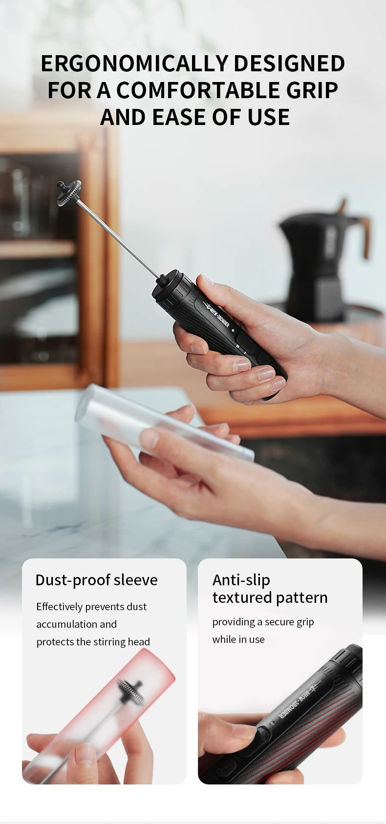 Black handheld milk frother with a textured, ergonomic handle, a stainless steel whisk, and a clear dust-proof sleeve.