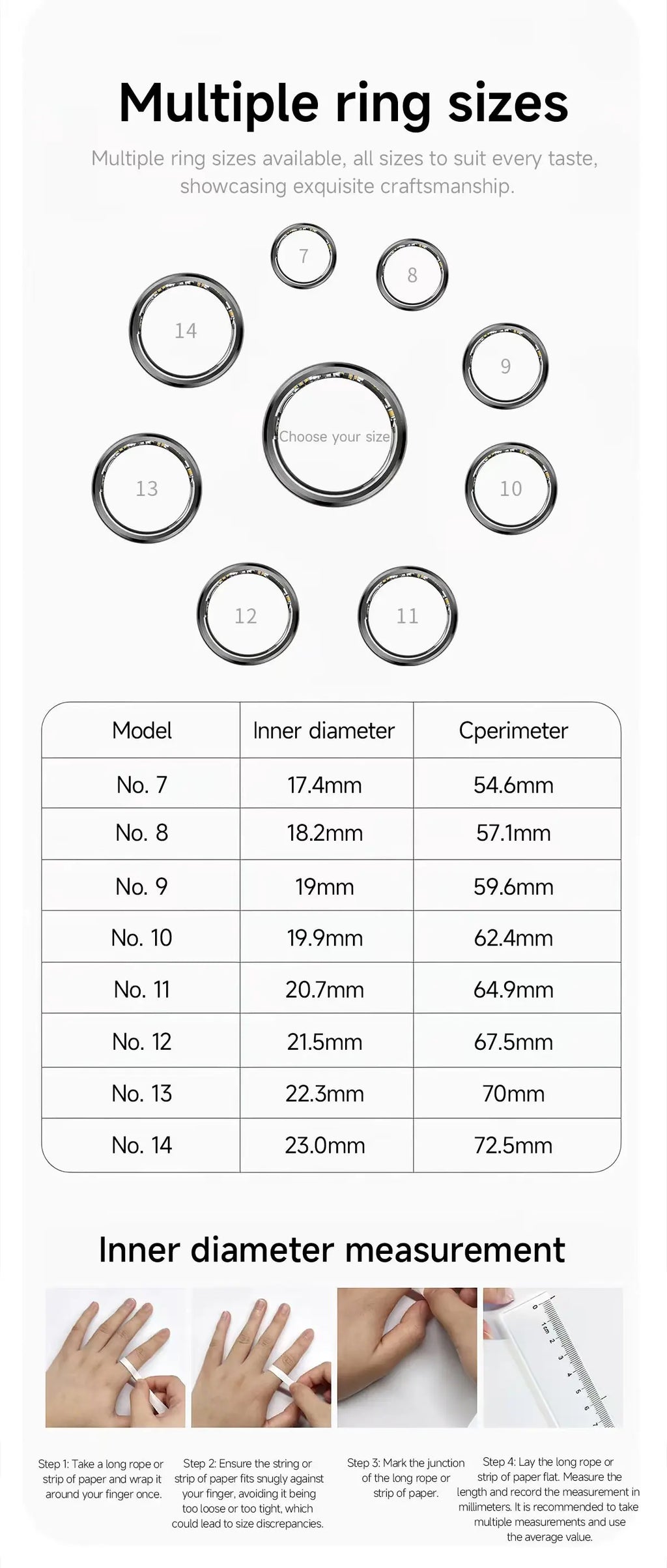 Silver smart fitness ring showing size options and a sizing guide with a measurement table and instructions.