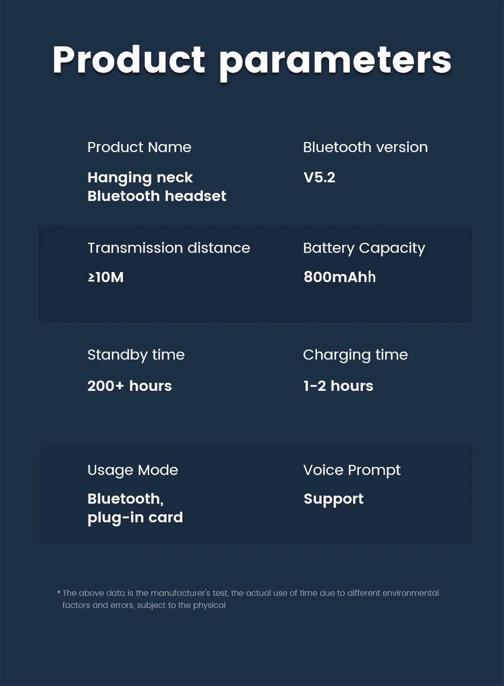 A specification chart for a wireless neckband Bluetooth headset featuring 800mAh battery and 200+ hours standby time.