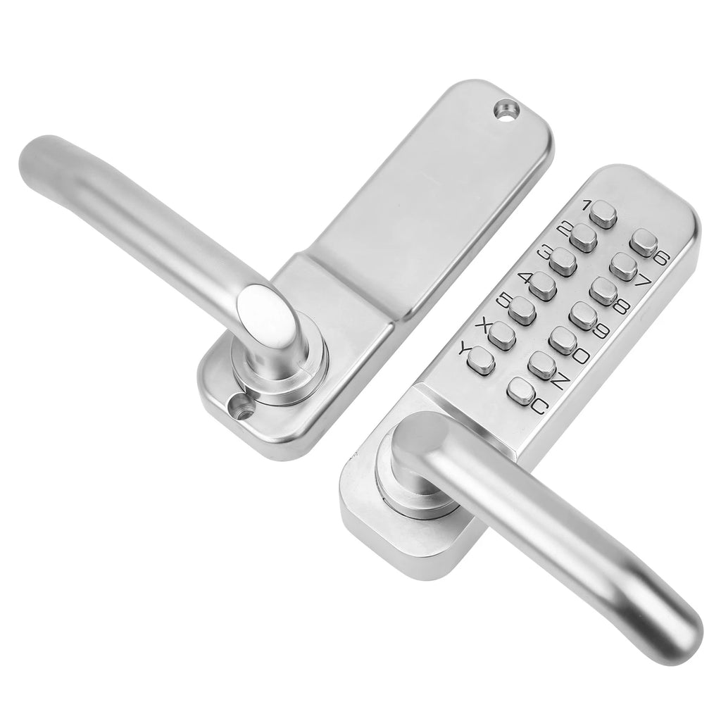 Silver stainless steel door handle set with integrated mechanical push-button keypad combination lock.