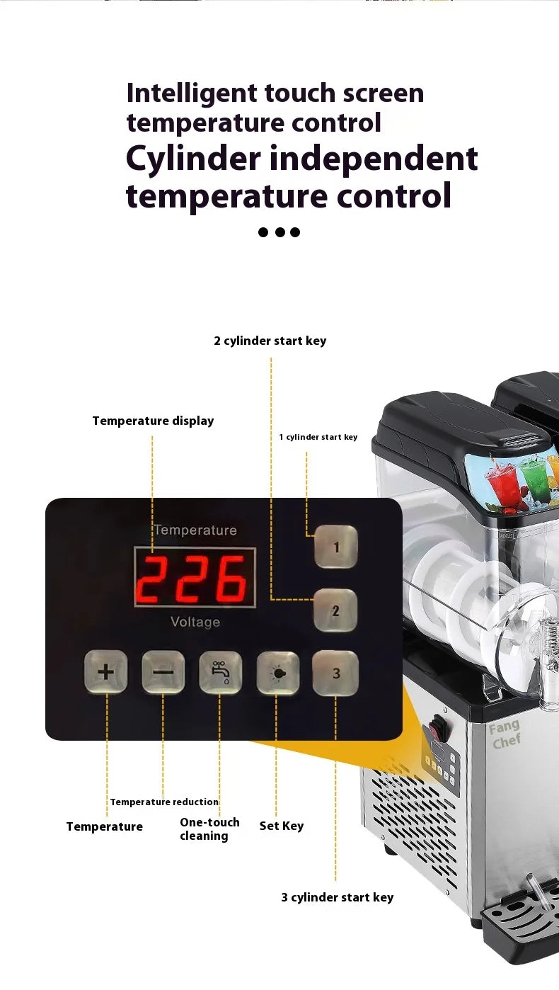 Stainless steel slushie machine with touch-screen controls, independent temperature settings, and easy-clean functions.
