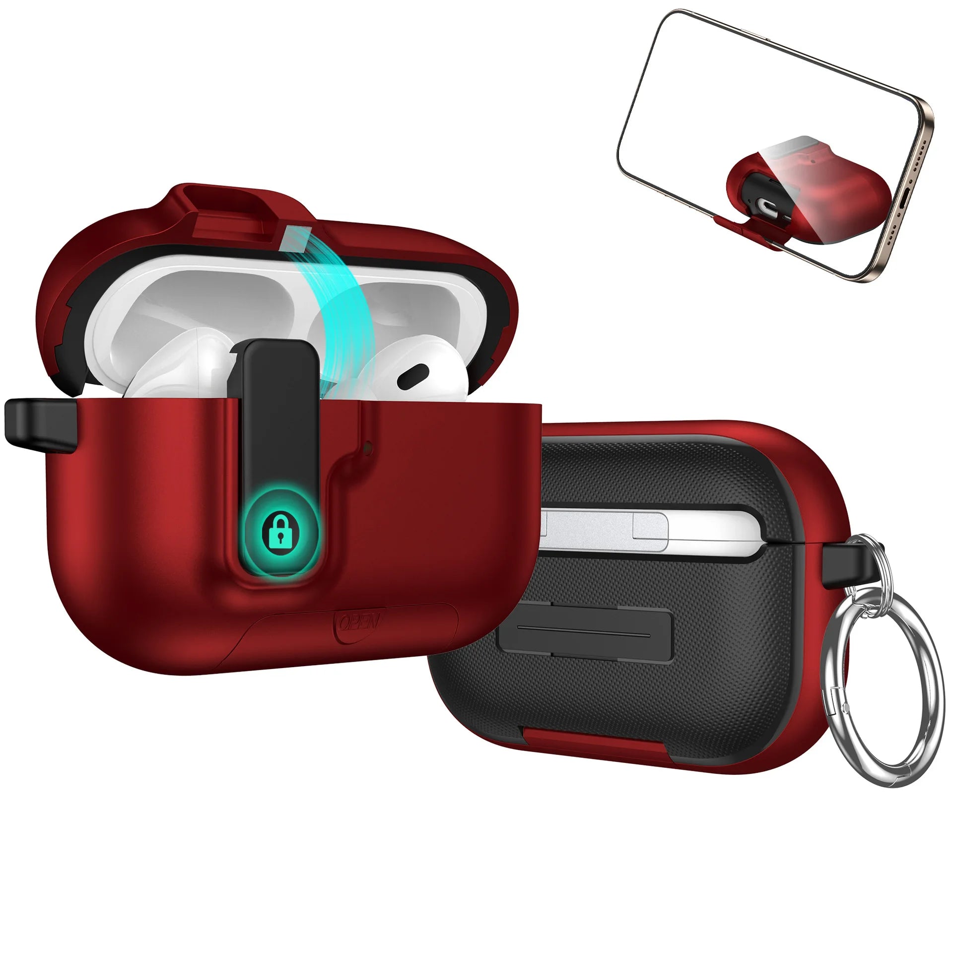 Red protective locking case for Apple AirPods Pro, featuring a metallic finish, rubberised grip, and metal keyring.