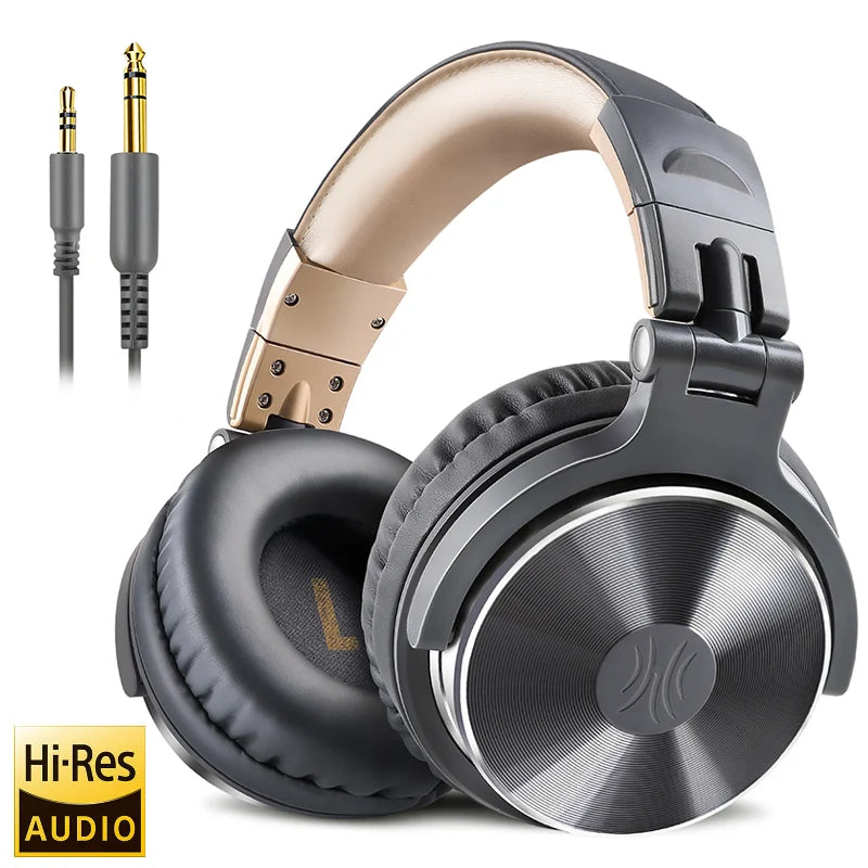 Black and gold wired over-ear studio monitor headphones with cushioned ear cups and a high-resolution audio logo.