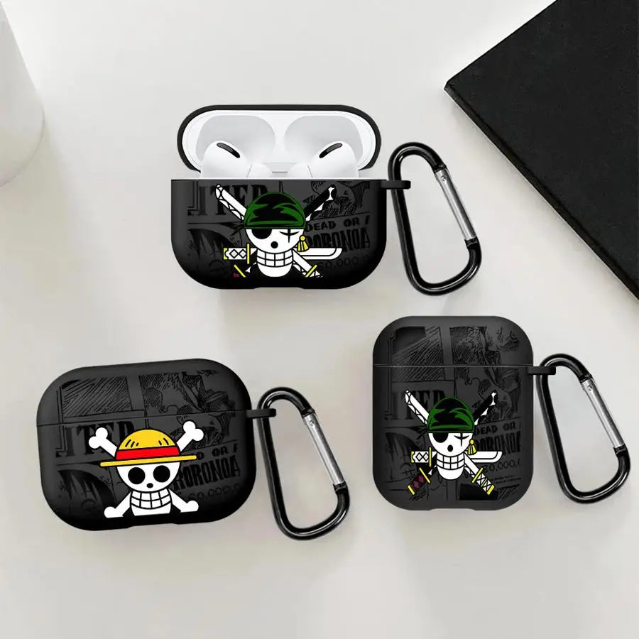 Black silicone protective cases for AirPods Pro and AirPods with One Piece anime character prints and carabiner clip.