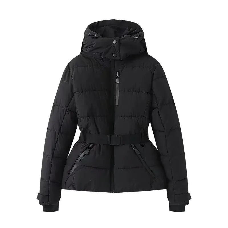 Black quilted puffer jacket with a hood, belted waist, zipped pockets, and internal ribbed cuffs.