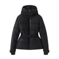 Black quilted puffer jacket with a hood, belted waist, zipped pockets, and internal ribbed cuffs.
