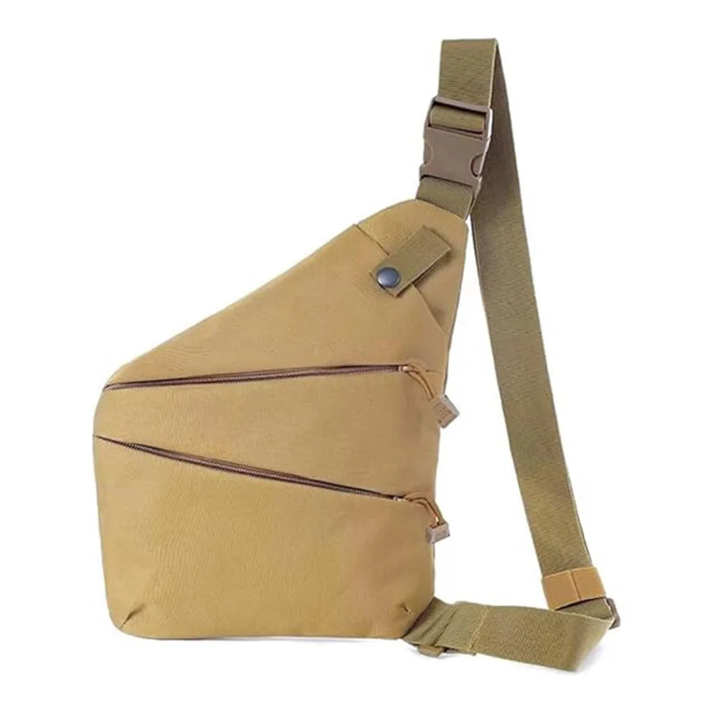 Tan anti-theft sling bag with an adjustable strap, buckle closure, and two secure, diagonal zip-front pockets.