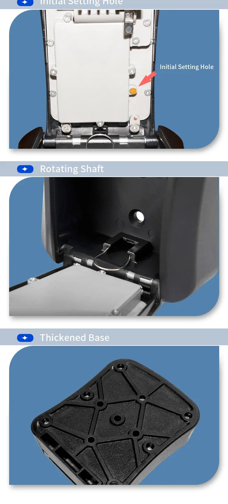 Close-up of a black metal key lock box showing the internal setting hole, rotating shaft, and reinforced base plate.