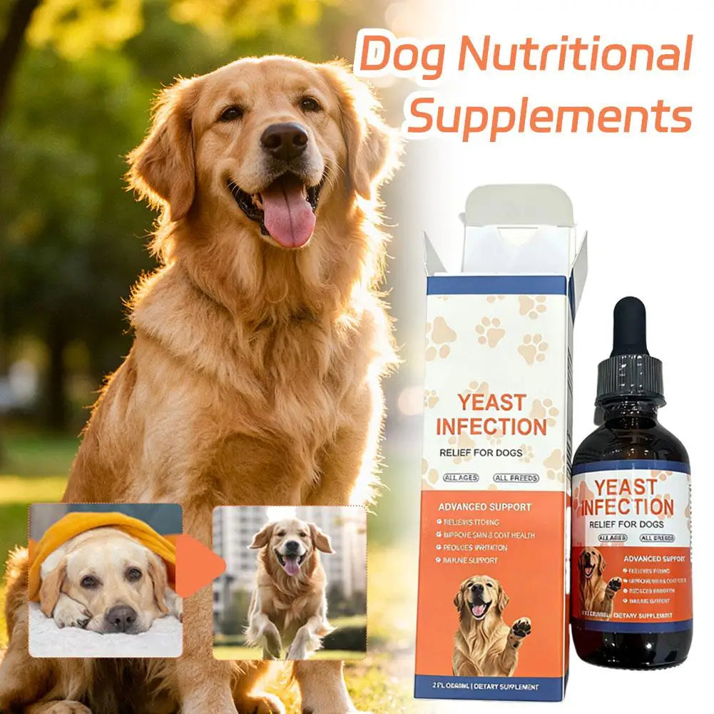 Yeast infection relief supplement for dogs in a dark glass dropper bottle with orange and white box packaging.