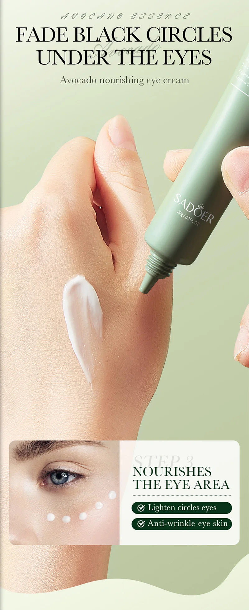Avocado nourishing eye cream in a sage green squeeze tube, shown being applied to skin to reduce dark circles.