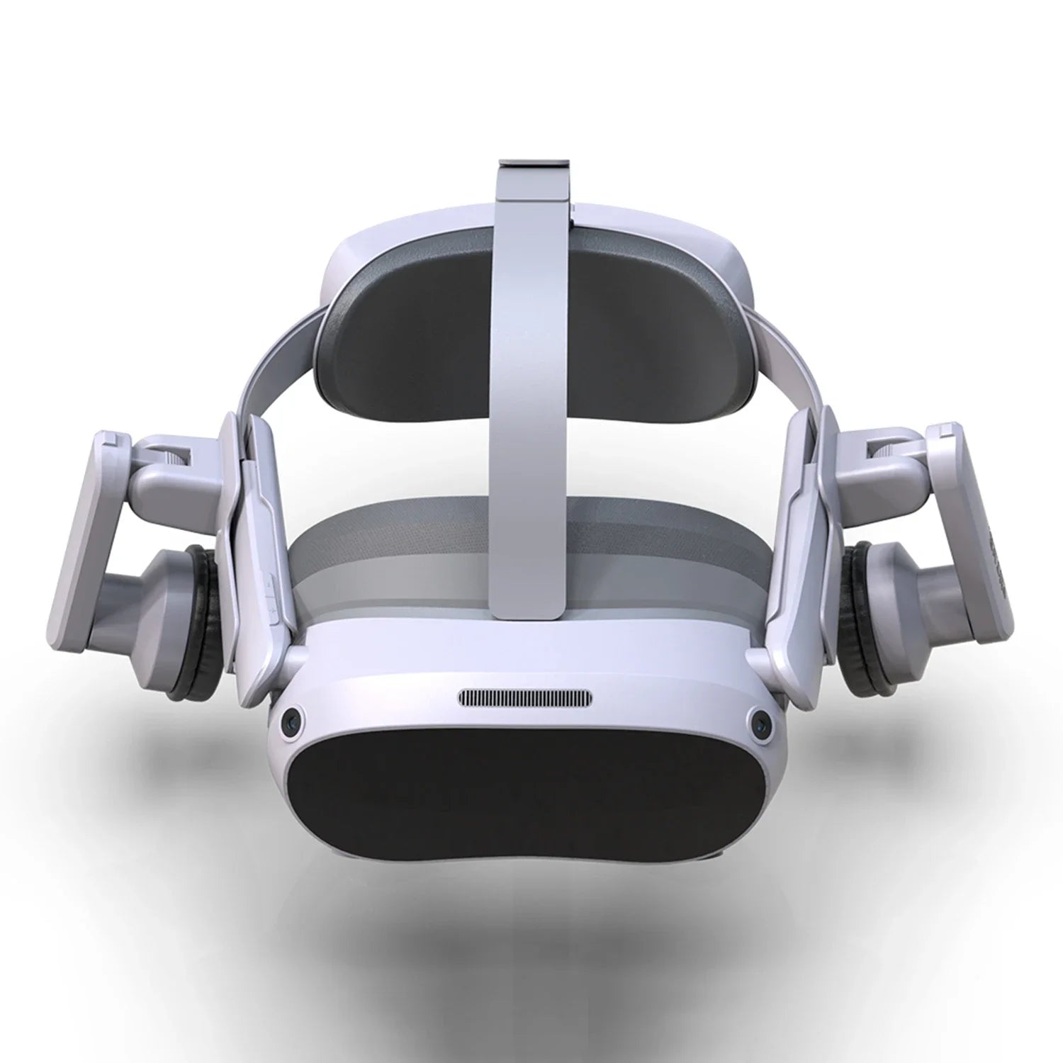 White PICO 4 VR headset fitted with sleek, adjustable ear muffs for improved sound and comfort.