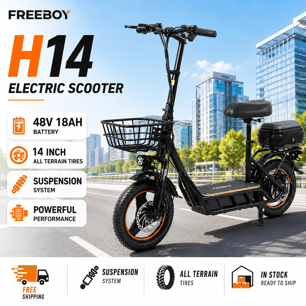 FREEBOY H14 black electric scooter with 14-inch tires, front basket, seat, and rear storage box against a city backdrop.