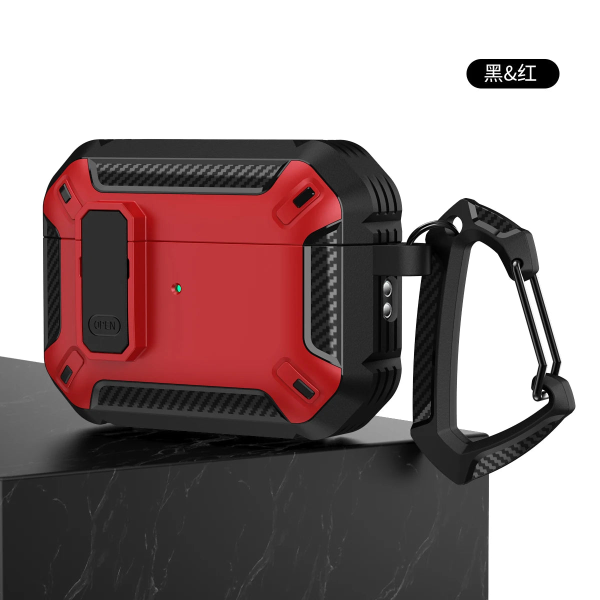 Rugged red and black carbon fibre-style AirPods Pro case with locking latch and carabiner.