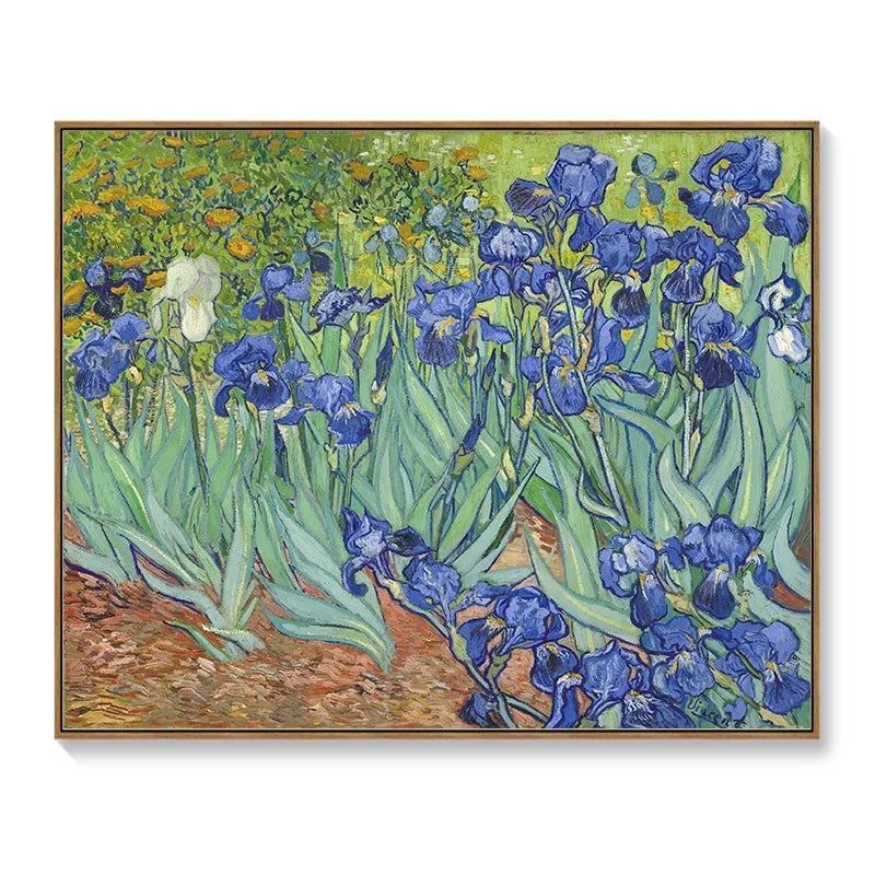 Decorative meter box cover featuring Van Gogh's 'Irises' painting with vibrant blue flowers and a thin wooden frame.