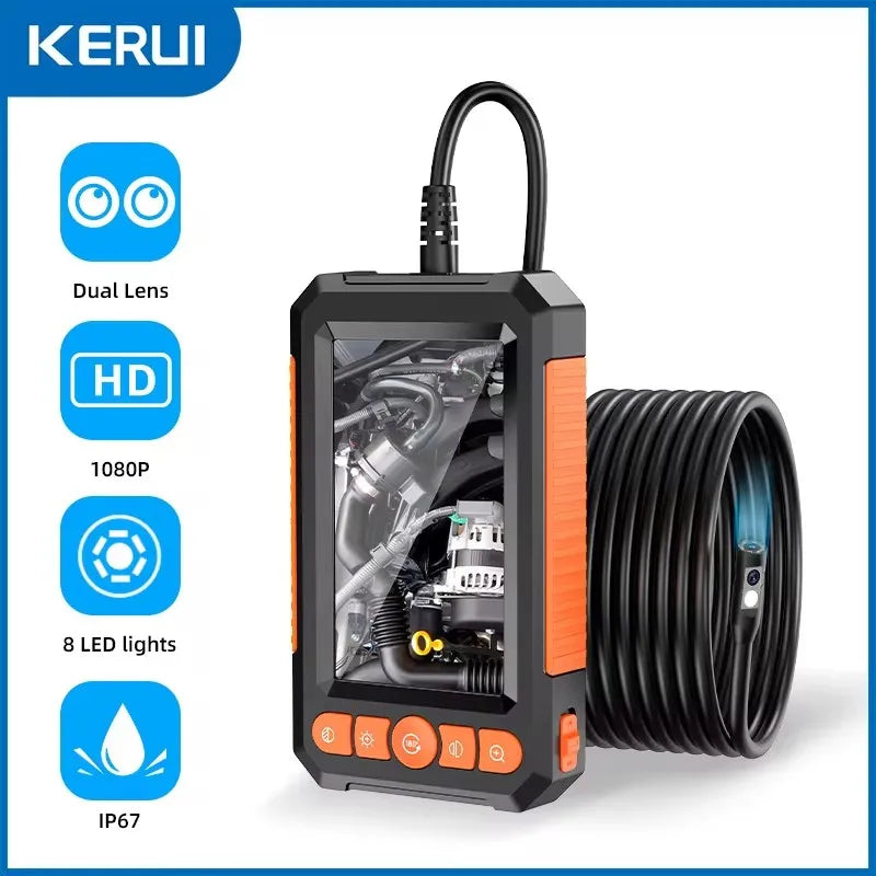 Black and orange 1080P HD handheld inspection camera with dual lens, 8 LED lights, and a coiled waterproof cable.