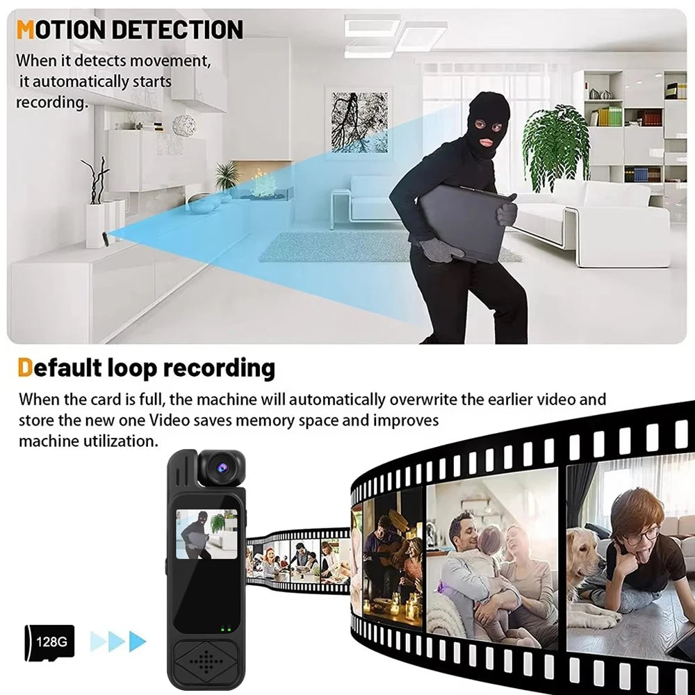 Black plastic portable video recorder with motion detection, loop recording, and an LCD screen.