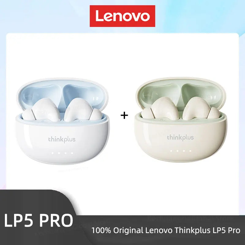 Two sets of sleek, white wireless earbuds in open charging cases, one with light blue and one with pale green interiors.