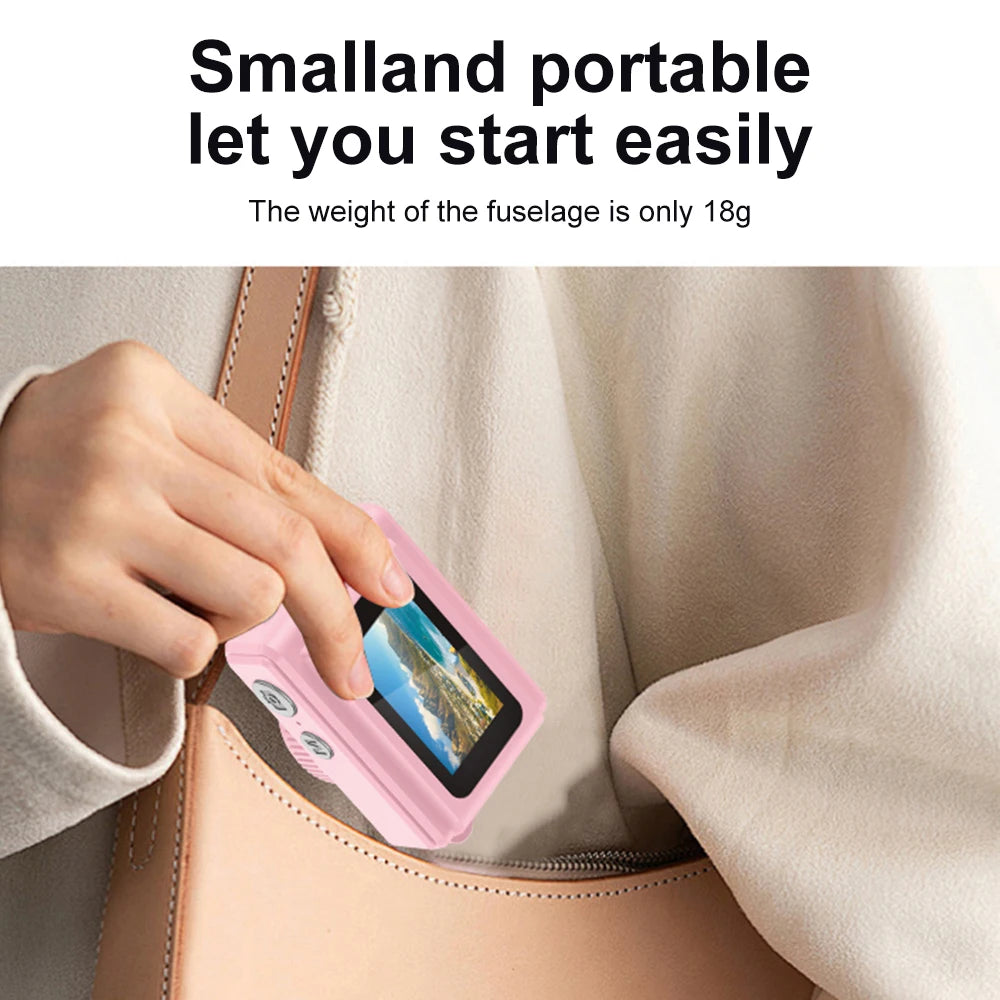 Small, pink plastic digital camera being held and placed into a tan leather handbag.