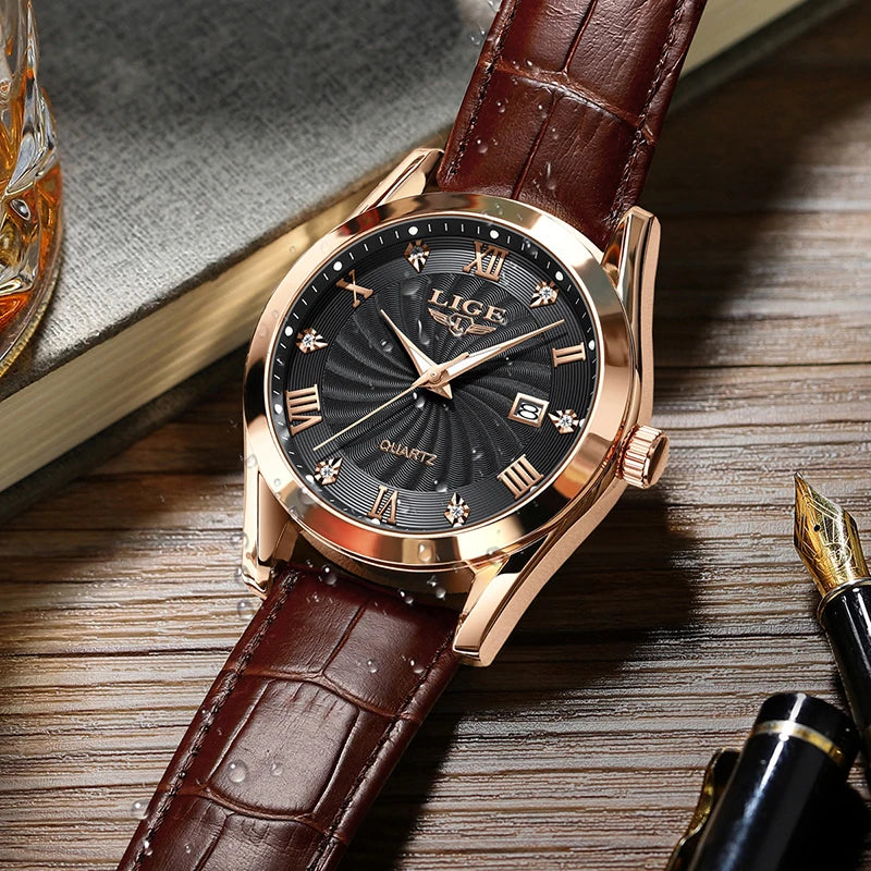 Elegant quartz watch with a rose gold case, black sunburst dial, crystal markers, and a brown leather crocodile strap.