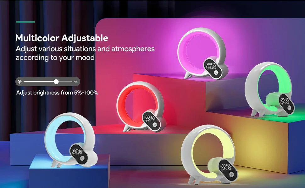 Five circular LED wake-up lights with digital clocks, glowing in various vibrant colours against a tiered backdrop.