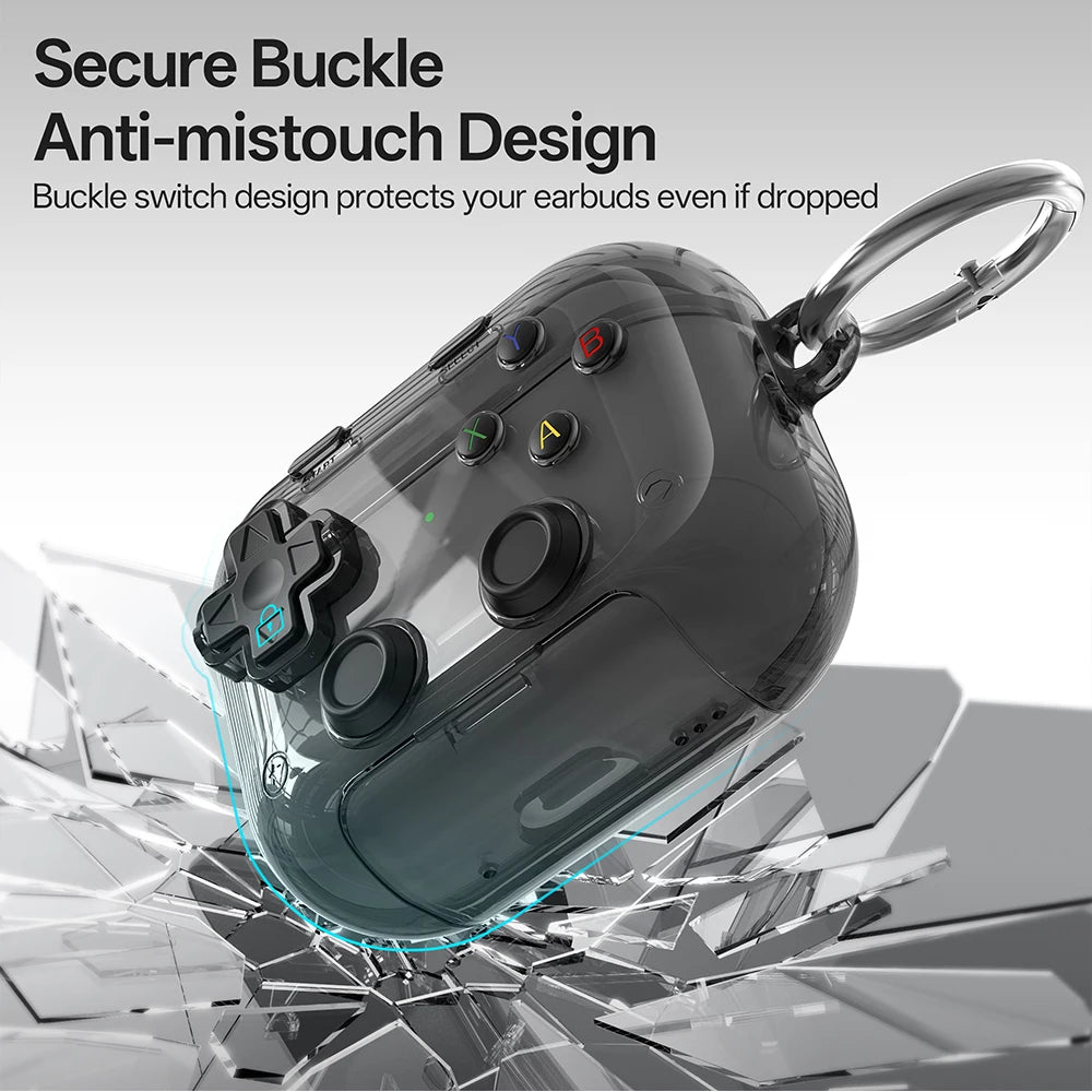 Translucent black gaming controller-style AirPods Pro case with a secure buckle and metal carabiner.