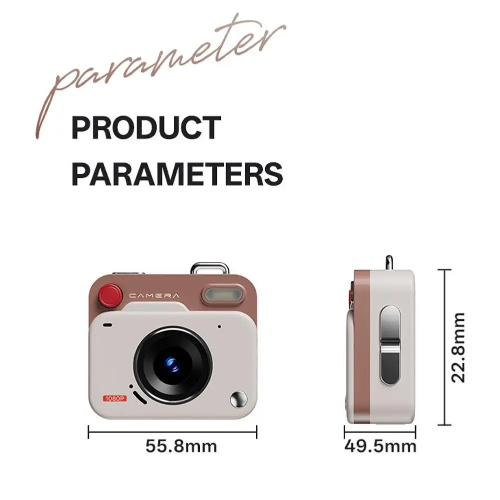 Small, rectangular plastic digital camera in matte brown and cream with a front lens and red shutter button.