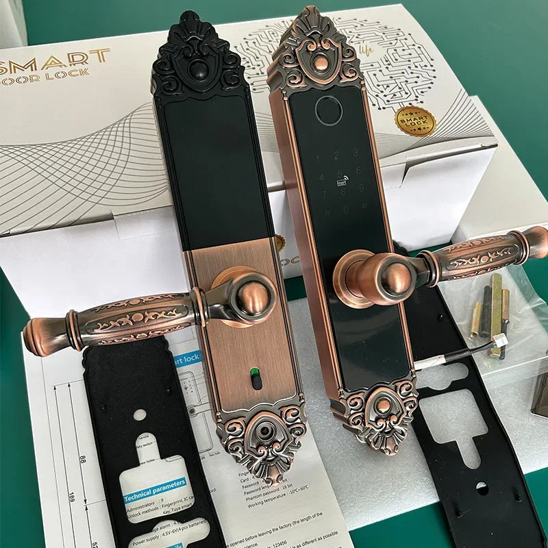 Ornate bronze-finish metal smart door locks with black digital touchpads, fingerprint sensors, and lever handles.