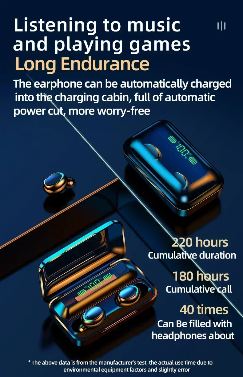 Black wireless earbuds with gold accents and a charging case featuring a digital battery display.