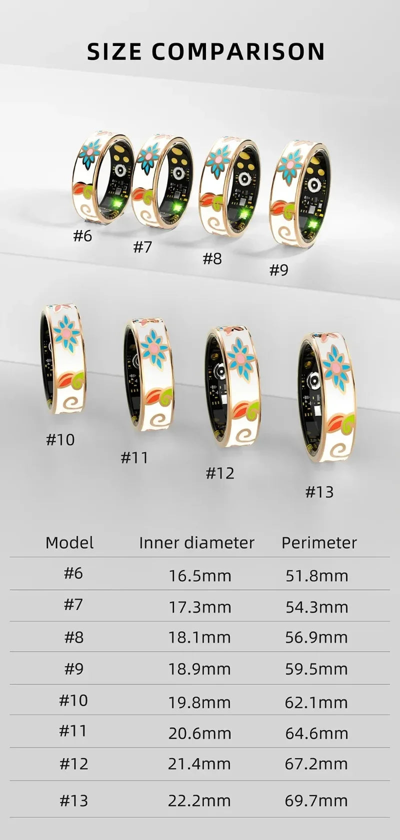 White health tracking rings with floral patterns, shown in various sizes with a measurement chart.