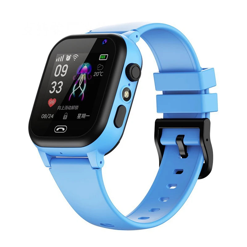 Bright blue kids' smartwatch with a touchscreen display, integrated camera, and soft silicone strap.