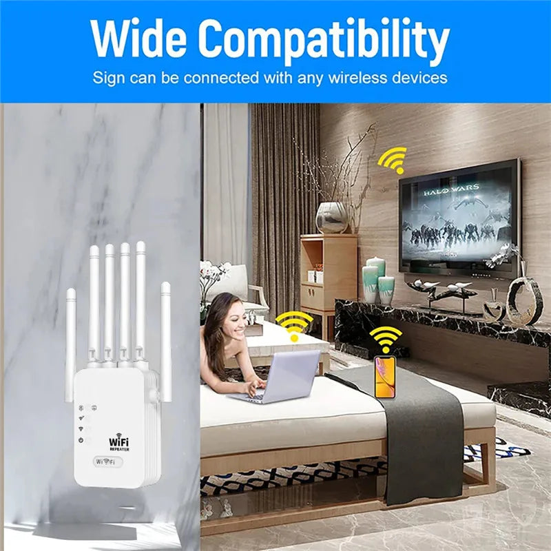 White 1200Mbps WiFi repeater with four antennas shown in a modern living room setting to boost wireless signal.